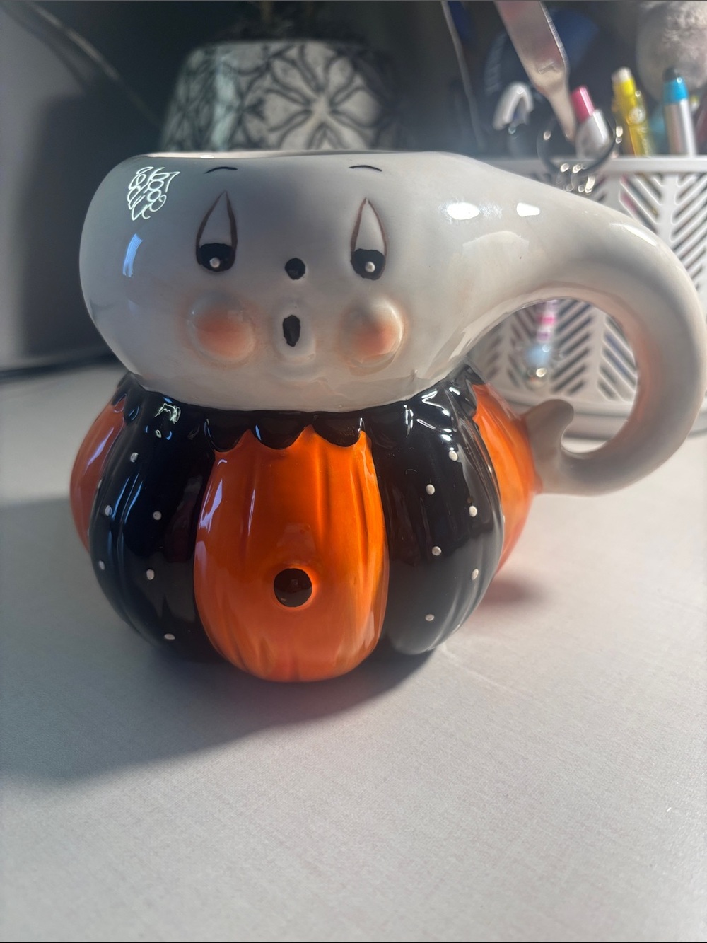 Johanna  Parker Halloween Pumpkin Peep Ghost Ceramic Halloween Mug
